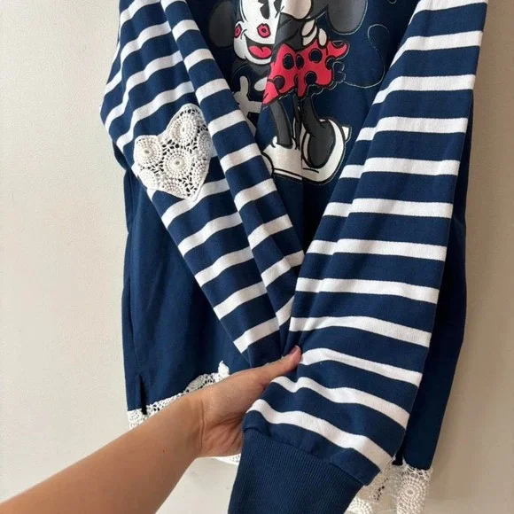 Disney Hoodie Navy Blue Stripe Embroidered Hem Minnie Mickey love - XXLarge - Picture 6 of 8